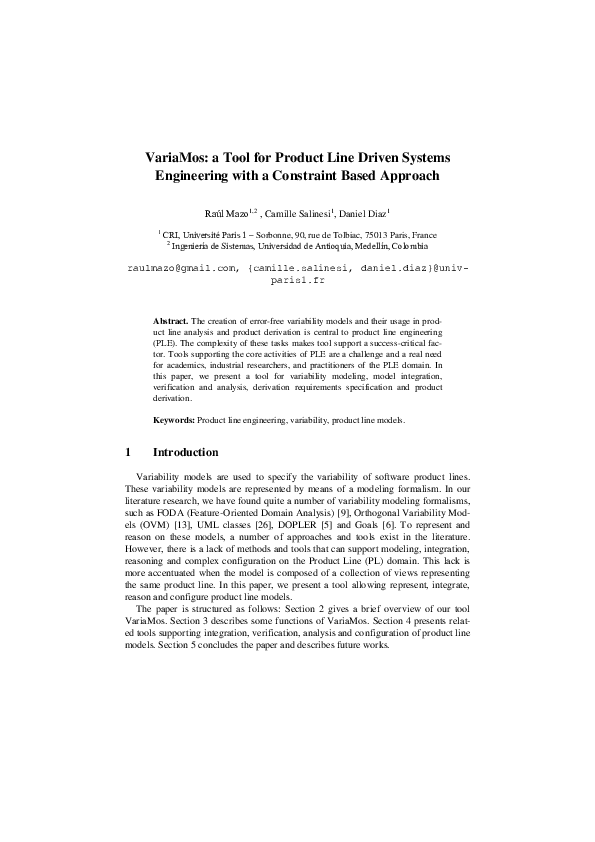 (PDF) VariaMos: a Tool for Product Line Driven Systems Engineering with ...