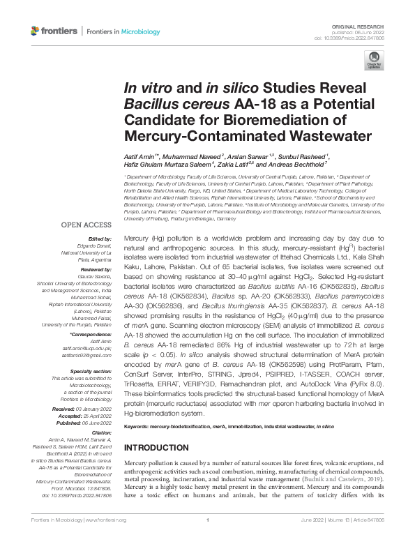 (PDF) In vitro and in silico Studies Reveal Bacillus cereus AA-18 as a ...