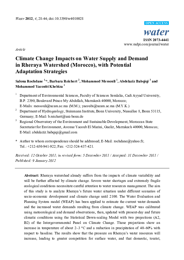 (PDF) Climate Change Impacts on Water Supply and Demand in Rheraya ...