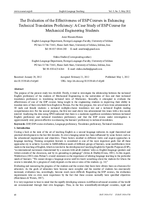 (PDF) The Evaluation of the Effectiveness of ESP Courses in Enhancing ...