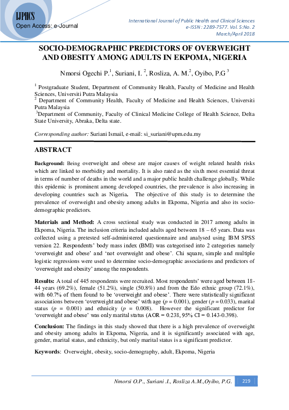 (PDF) Socio-Demographic Predictors of Overweight and Obesity Among ...