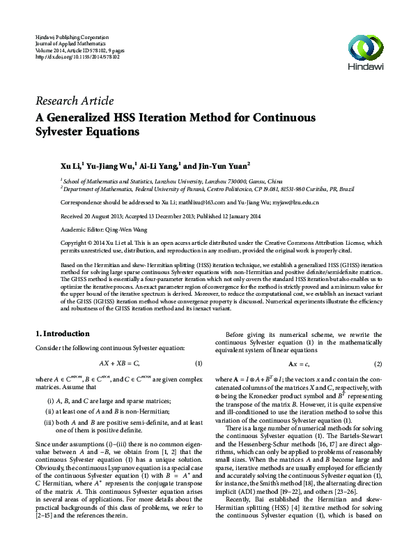 (PDF) A Generalized HSS Iteration Method for Continuous Sylvester Equations