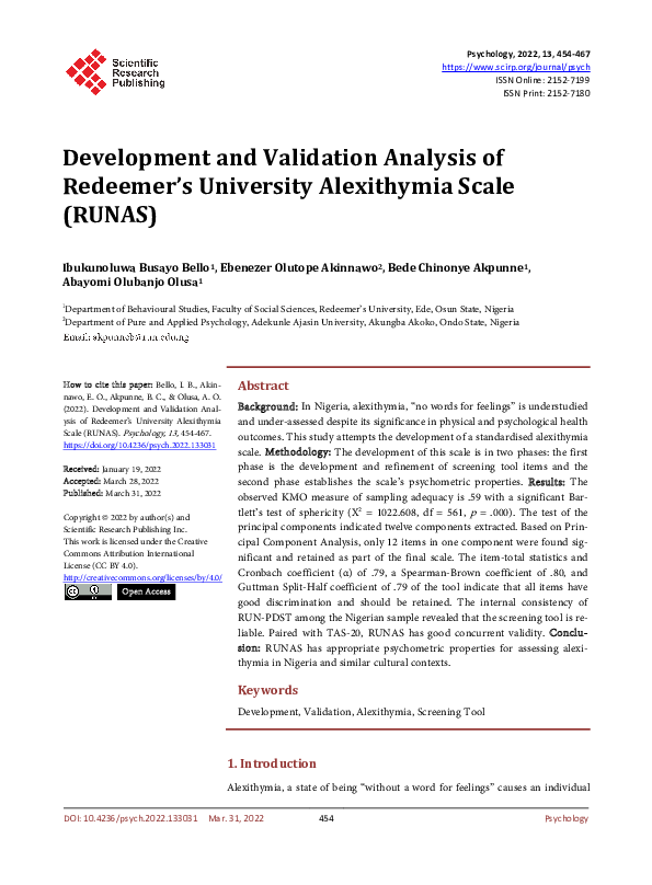 (PDF) Development and Validation Analysis of Redeemer’s University ...