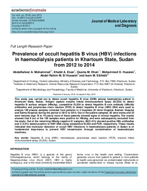 (PDF) Prevalence of occult hepatitis B virus (HBV) infections in ...