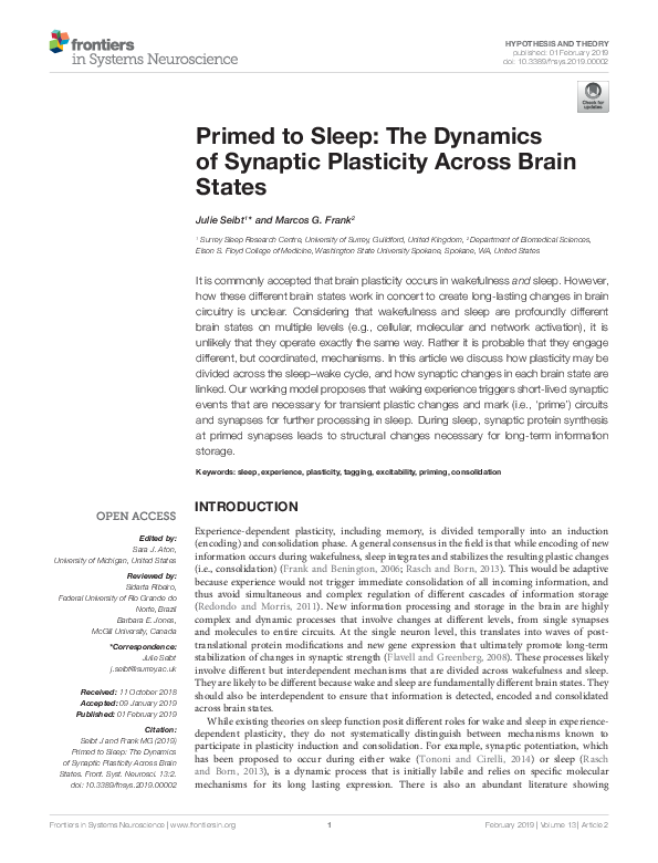 (PDF) Primed to Sleep: The Dynamics of Synaptic Plasticity Across Brain ...