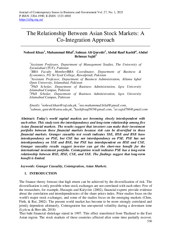 (PDF) The Relationship Between Asian Stock Markets a Co Integration ...
