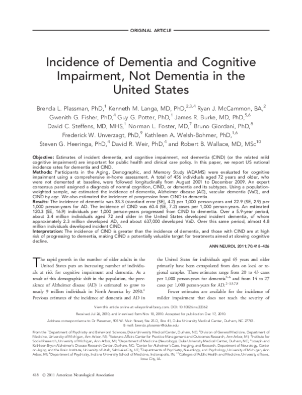(PDF) Incidence of dementia and cognitive impairment, not dementia in ...