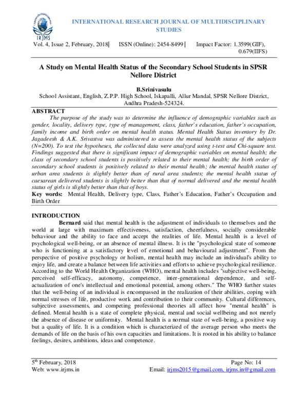(PDF) A Study on Mental Health Status of the Secondary School Students ...