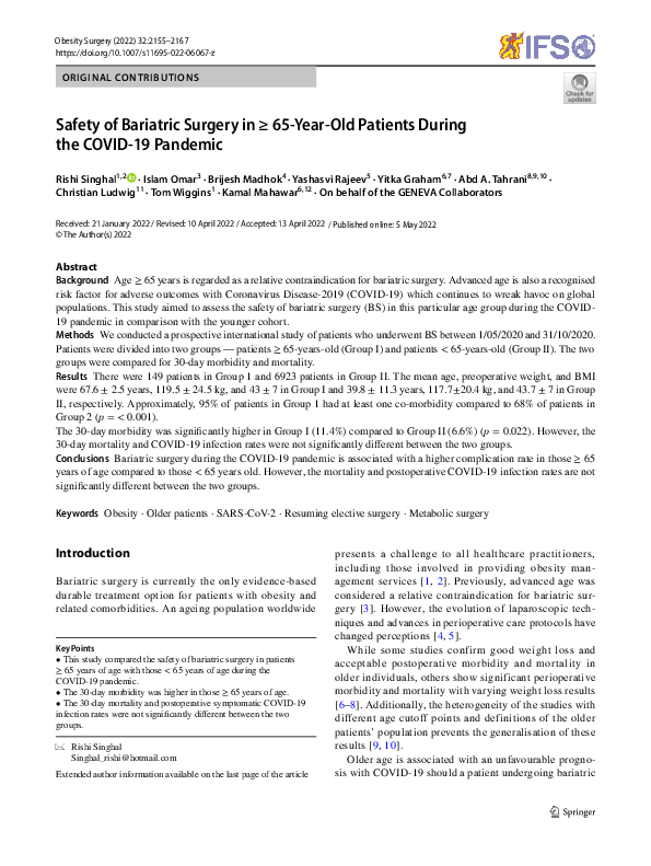 (PDF) Bariatric Surgery Safety in Patients ≥ 65 During COVID-19