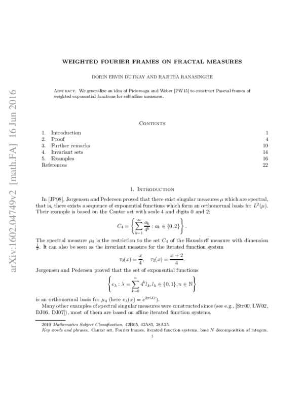 (PDF) Weighted Fourier frames on fractal measures