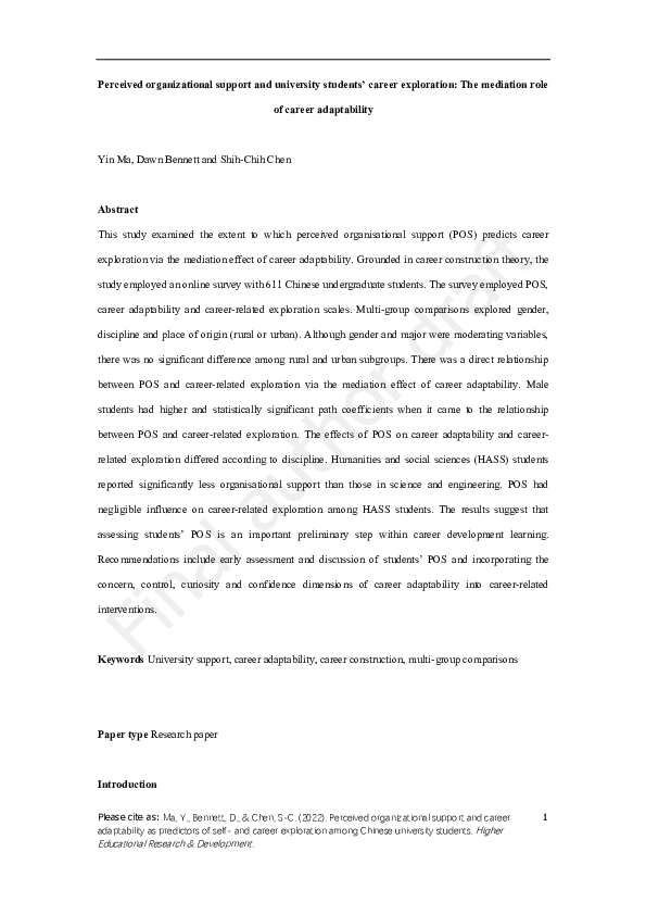 (PDF) Perceived organisational support and university students career ...