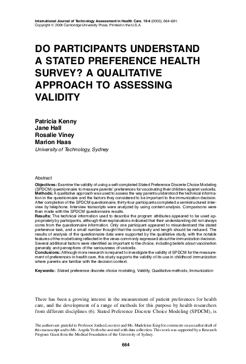 (PDF) Do Participants Understand a Stated Preference Health Survey? A ...