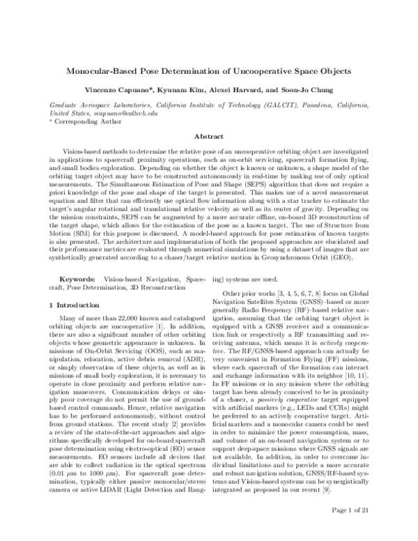 (PDF) Monocular-based pose determination of uncooperative space objects