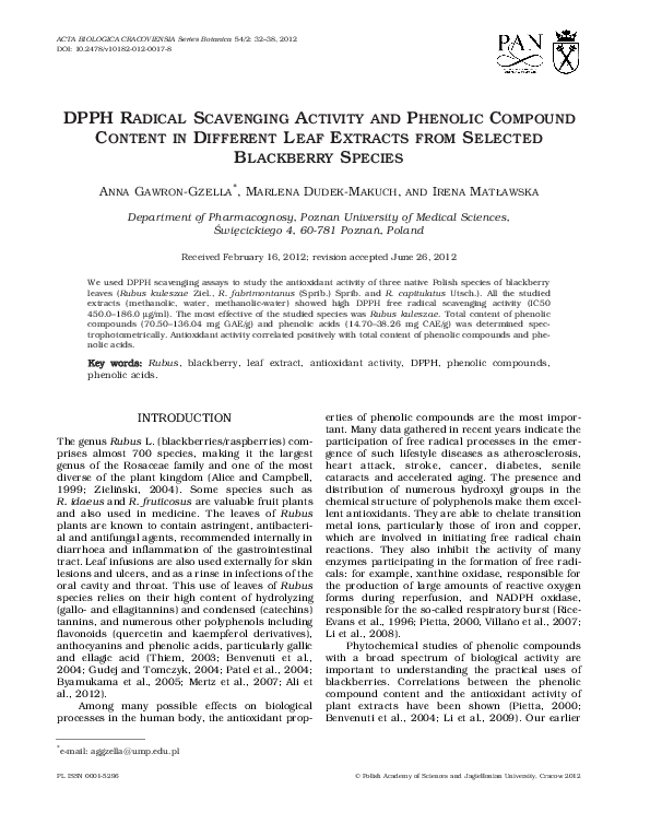 (PDF) Dpph Radical Scavenging Activity and Phenolic Compound Content in ...
