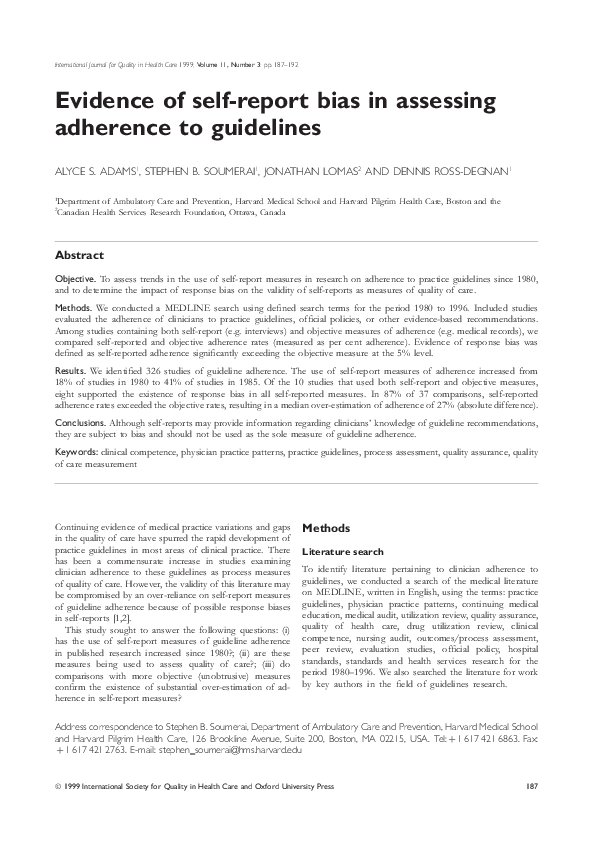(PDF) Evidence of self-report bias in assessing adherence to guidelines