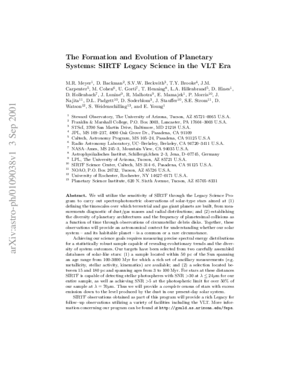 (PDF) The Formation and Evolution of Planetary Systems: SIRTF Legacy ...