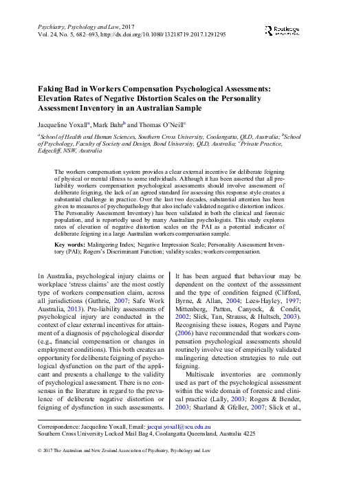 (PDF) Faking Bad in Workers Compensation Psychological Assessments ...