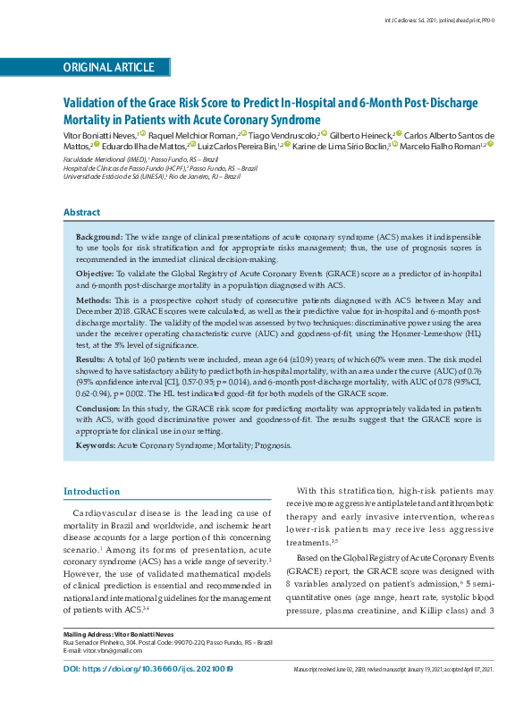 (PDF) Validation of the Grace Risk Score to Predict In-Hospital and 6 ...