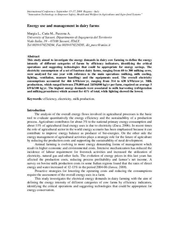 (PDF) Energy use and management in dairy farms