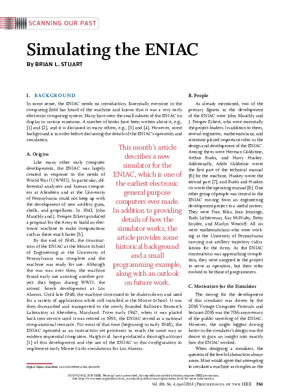 (PDF) Simulating the ENIAC [Scanning our Past]