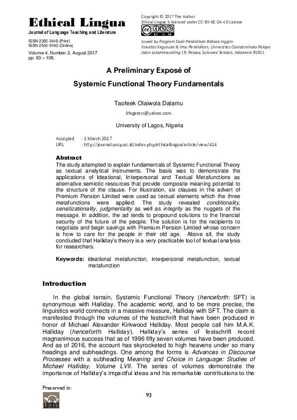 (PDF) A Preliminary Exposé of Systemic Functional Theory Fundamentals