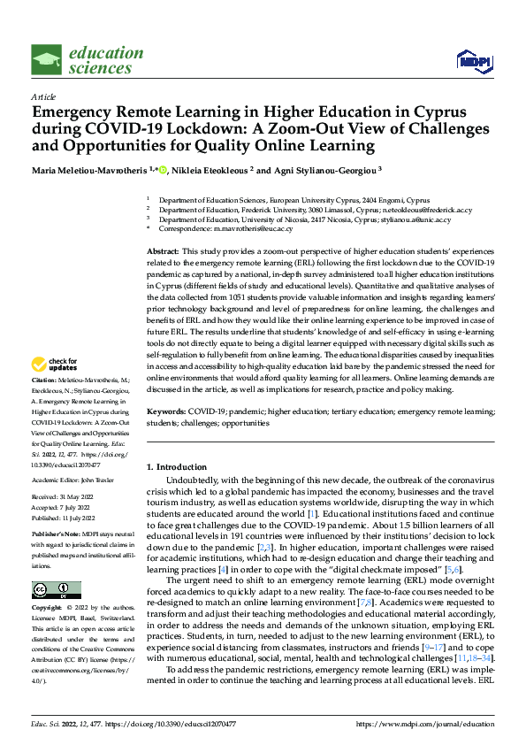 (PDF) Emergency Remote Learning in Higher Education in Cyprus during ...