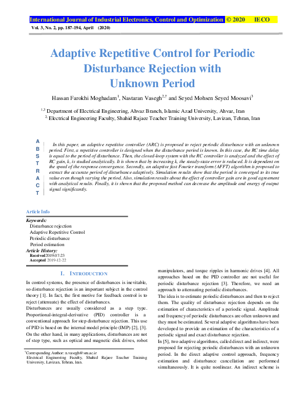 (PDF) Adaptive Repetitive Control for Periodic Disturbance Rejection ...