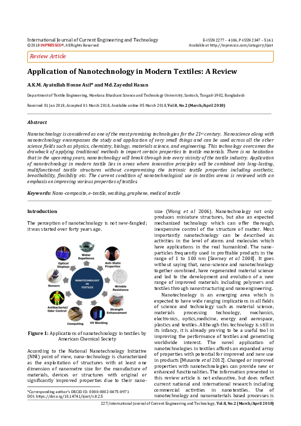 (PDF) Application of Nanotechnology in Modern Textiles: A Review