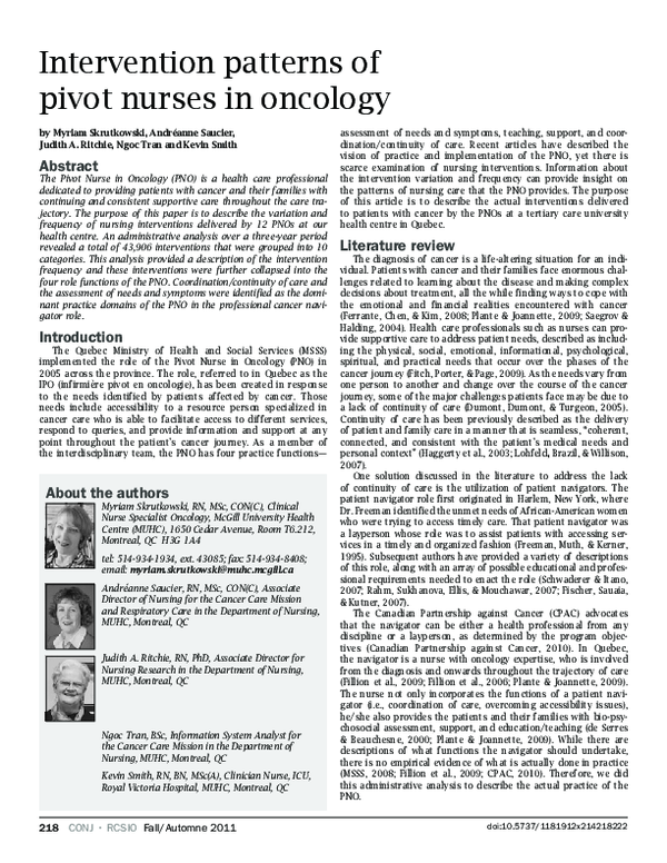 (PDF) Intervention patterns of pivot nurses in oncology