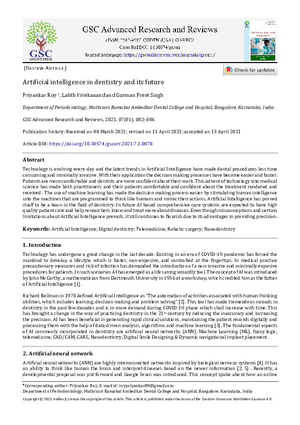 (PDF) Artificial intelligence in dentistry and its future