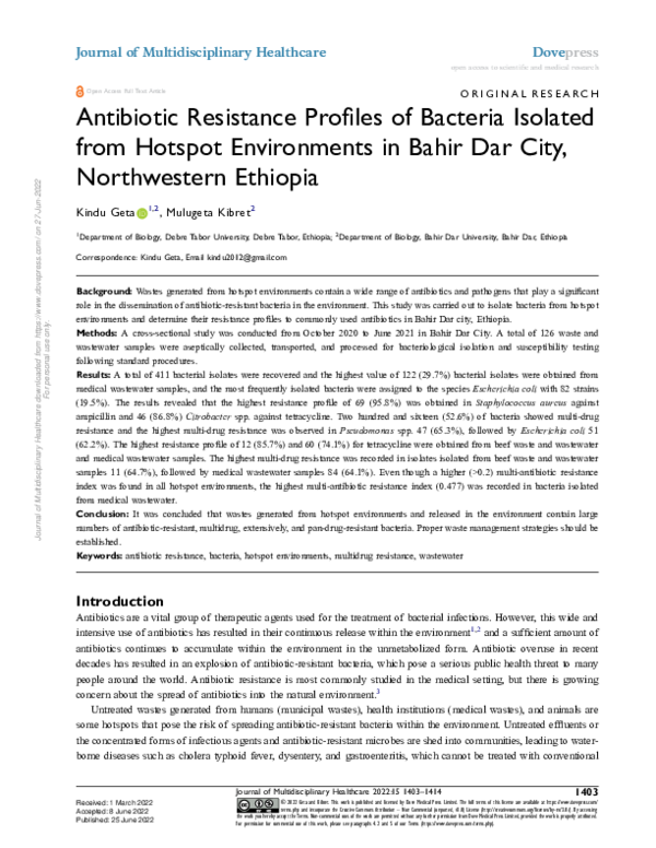 (PDF) Antibiotic Resistance Profiles of Bacteria Isolated from Hotspot ...