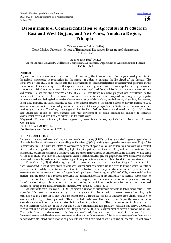 (PDF) Determinants of Commercialization of Agricultural Products in ...