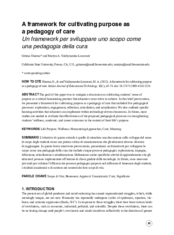 (PDF) A framework for cultivating purpose as a pedagogy of care