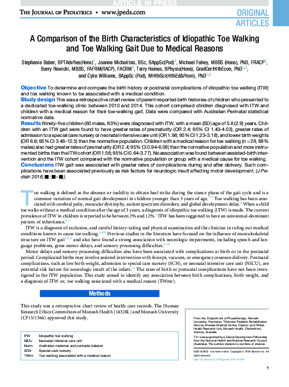(PDF) A Comparison of the Birth Characteristics of Idiopathic Toe ...