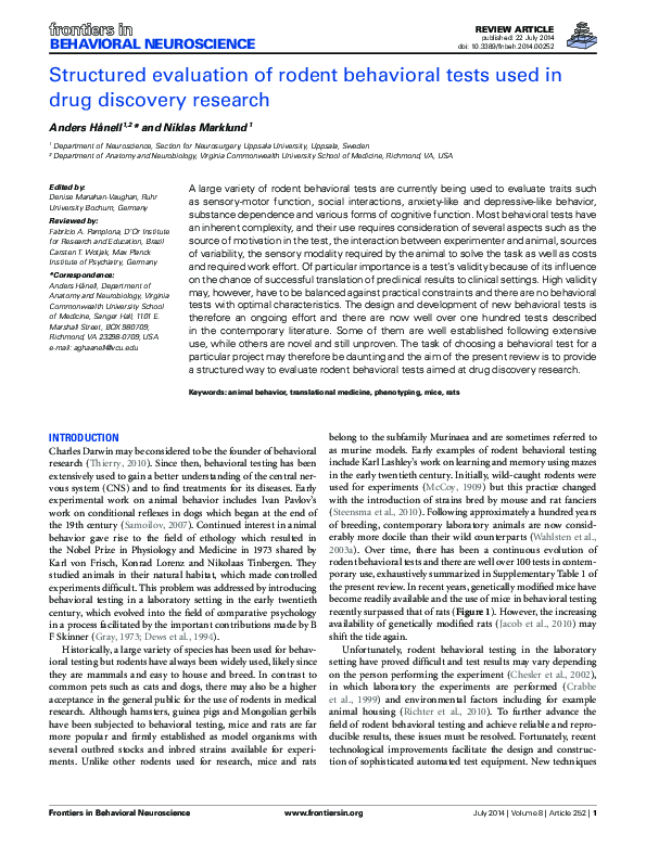 (PDF) Structured evaluation of rodent behavioral tests used in drug ...
