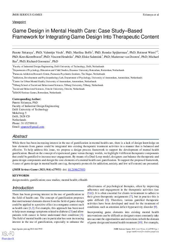 (PDF) Game Design in Mental Health Care: Case Study–Based Framework for ...