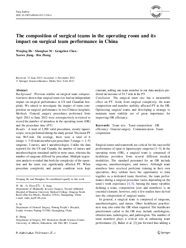 (PDF) The composition of surgical teams in the operating room and its ...