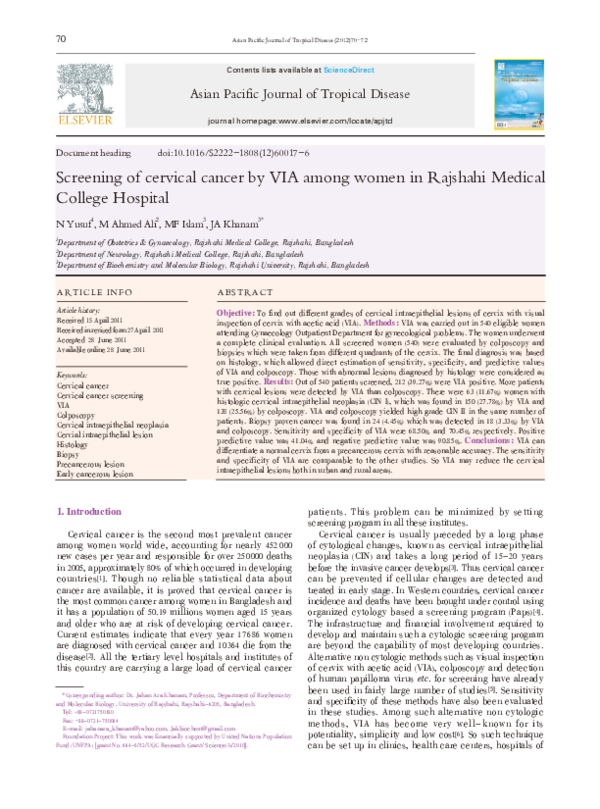 (PDF) Screening of cervical cancer by VIA among women in Rajshahi ...