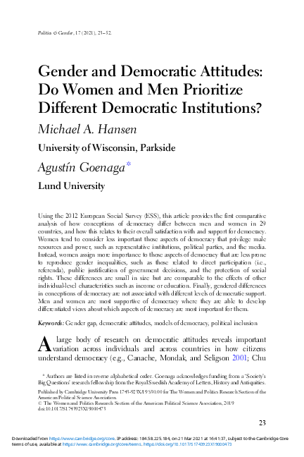 (PDF) Gender and Democratic Attitudes: Do Women and Men Prioritize ...