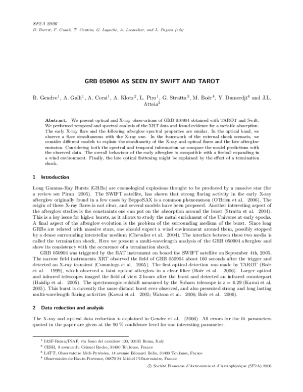 (PDF) GRB 050904 as Seen by Swift and Tarot Bruce Gendre Academia.edu