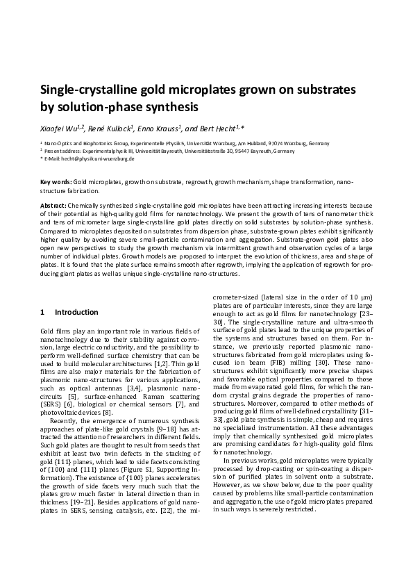(PDF) Singlecrystalline gold microplates grown on substrates by