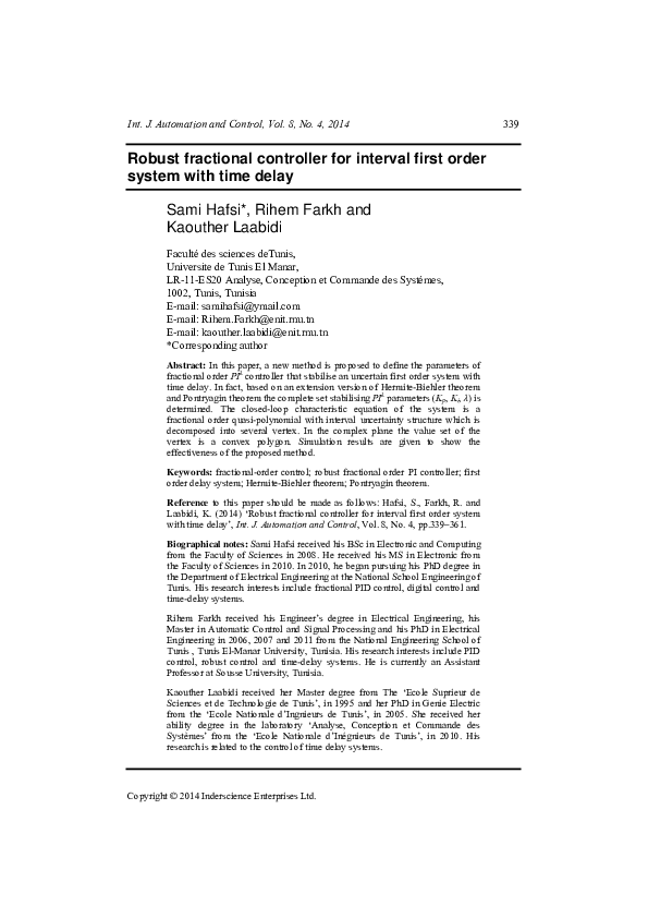 (PDF) Robust fractional controller for interval first order system with ...