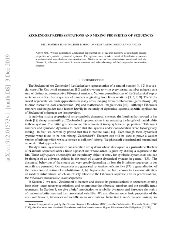 (PDF) Zeckendorf representations and mixing properties of sequences ...