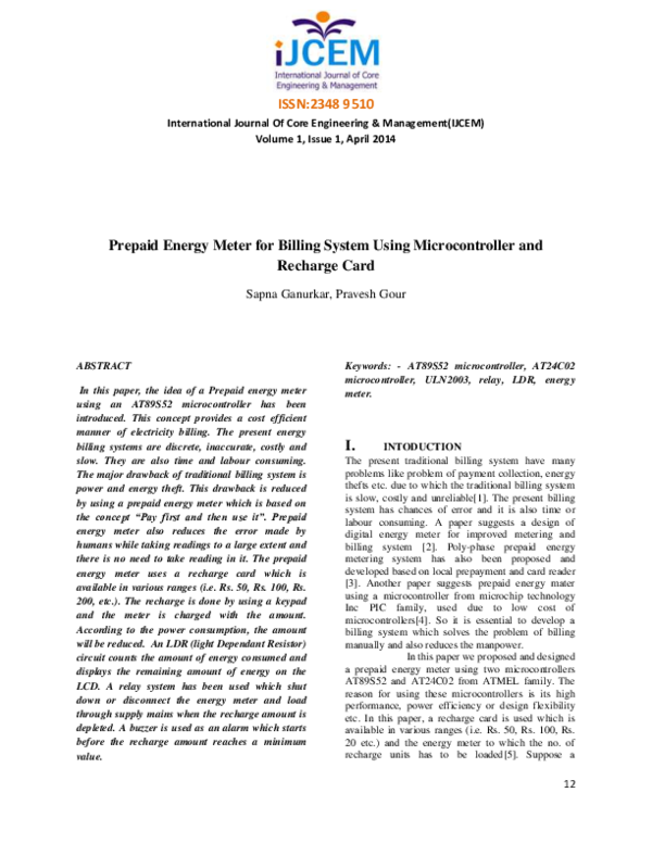 (PDF) Prepaid Energy Meter for Billing System Using Microcontroller and ...