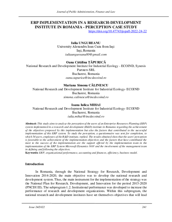 (PDF) Erp Implementation in a Research-Development Institute in Romania ...