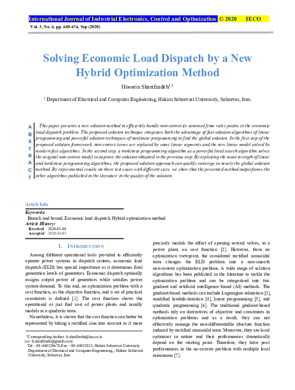 (PDF) Solving Economic Load Dispatch by a New Hybrid Optimization Method