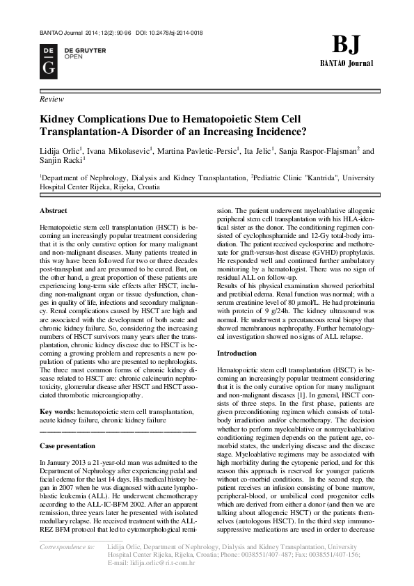 (PDF) Kidney Complications Due to Hematopoietic Stem Cell ...
