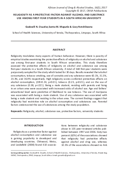 (PDF) Religiosity as a protective factor against alcohol and substance ...