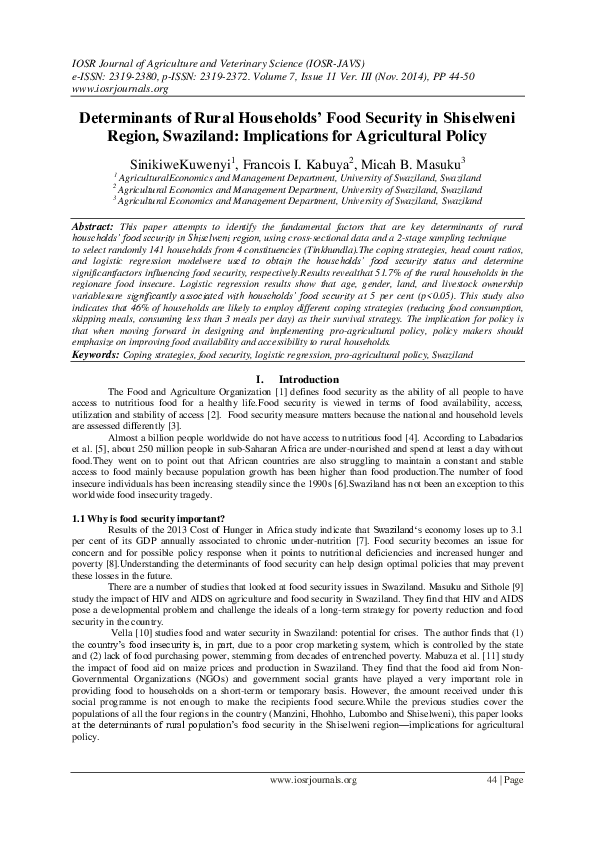 (PDF) Determinants of Rural Households’ Food Security in Shiselweni ...