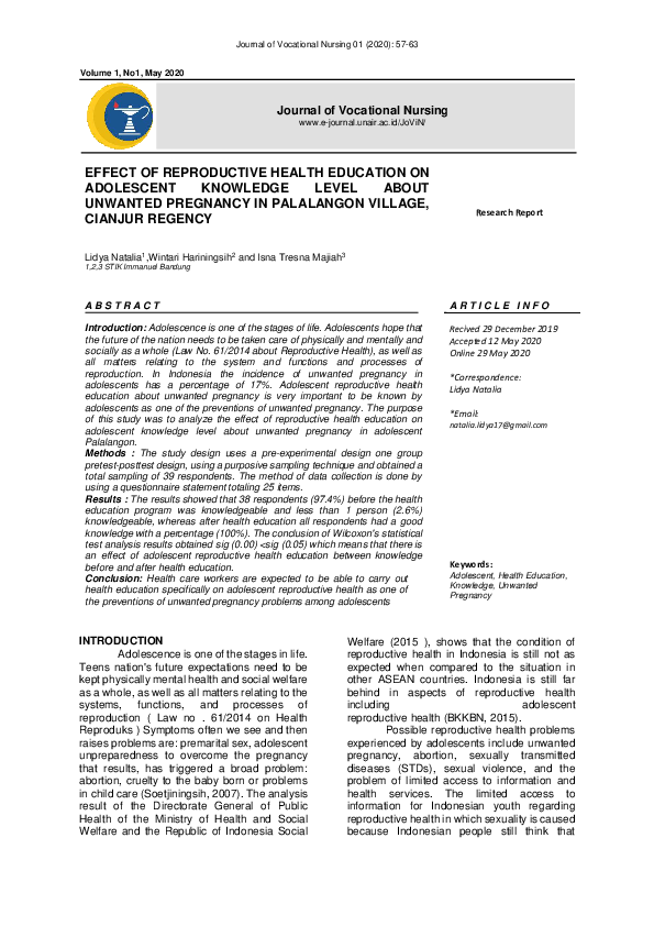 (PDF) Effect of Reproductive Health Education on Adolescent Knowledge ...